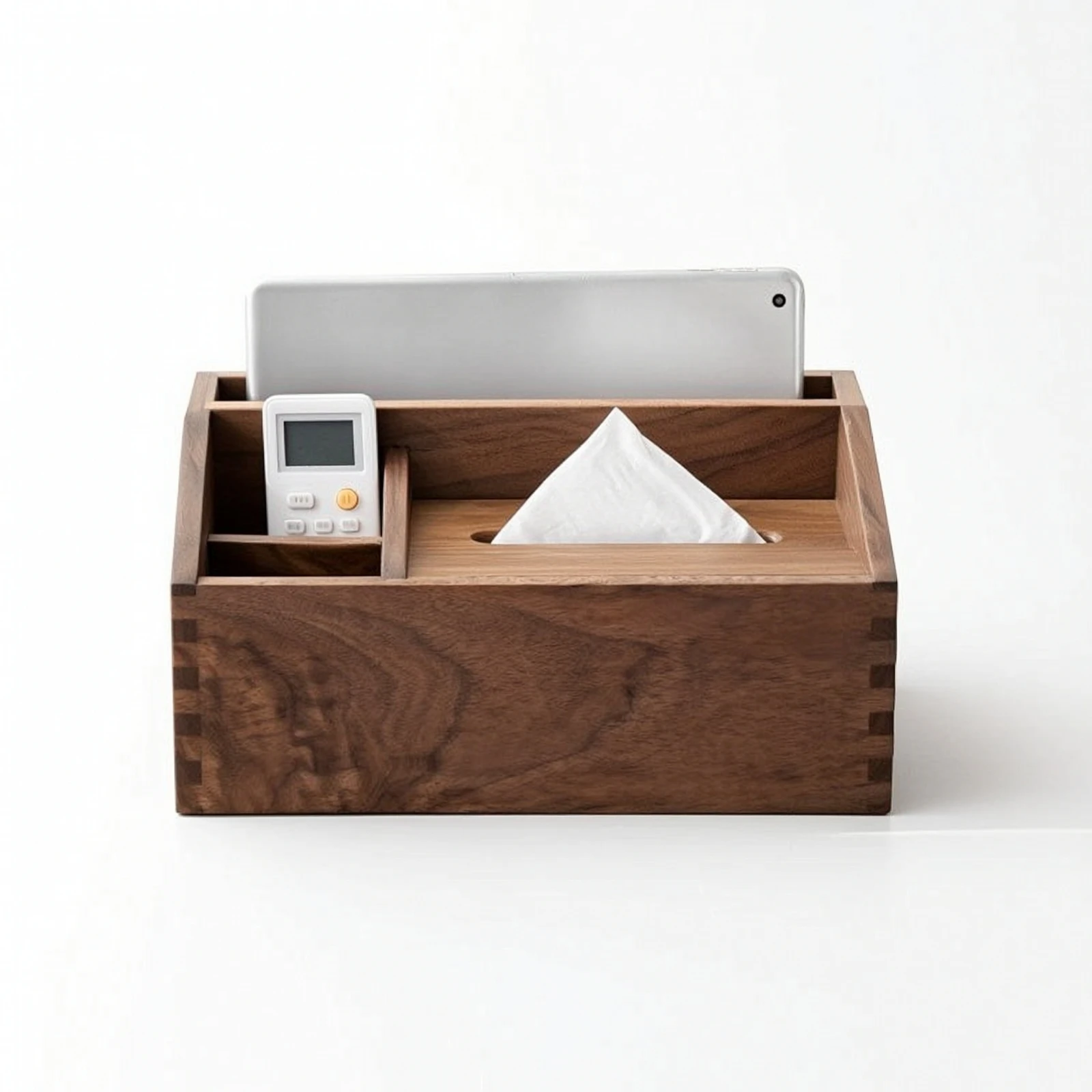 Wooden Tissue Box with Compartments Multifunctional Desk Organizer with Tissue Box Cover Handheld Device Control Holder