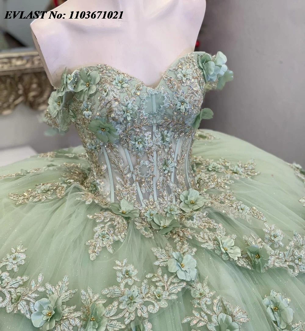 EVLAST 2024 Mint Quinnceanera Dress Ball Gown 3D Lace Applique Beaded Crystal Tiered Corset Sweet 16 Vestidos De 15 Anos SQ686