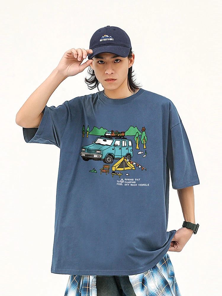 2026 Japanese-style Summer Basic Silhouette Outdoor Camping-themed Hand-drawn Print Pure Cotton Breathable Short-sleeved T-shirt