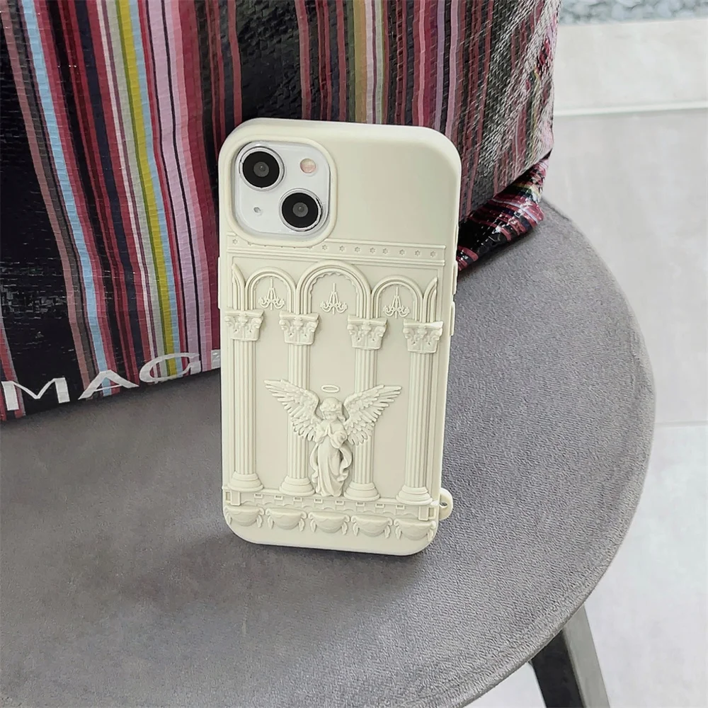 Retro Roman Pillar Angel Statue Embossed Phone Case For iPhone 14 Pro Max 13 12 11 15 Pro Max Cute Silicone Protective Cover