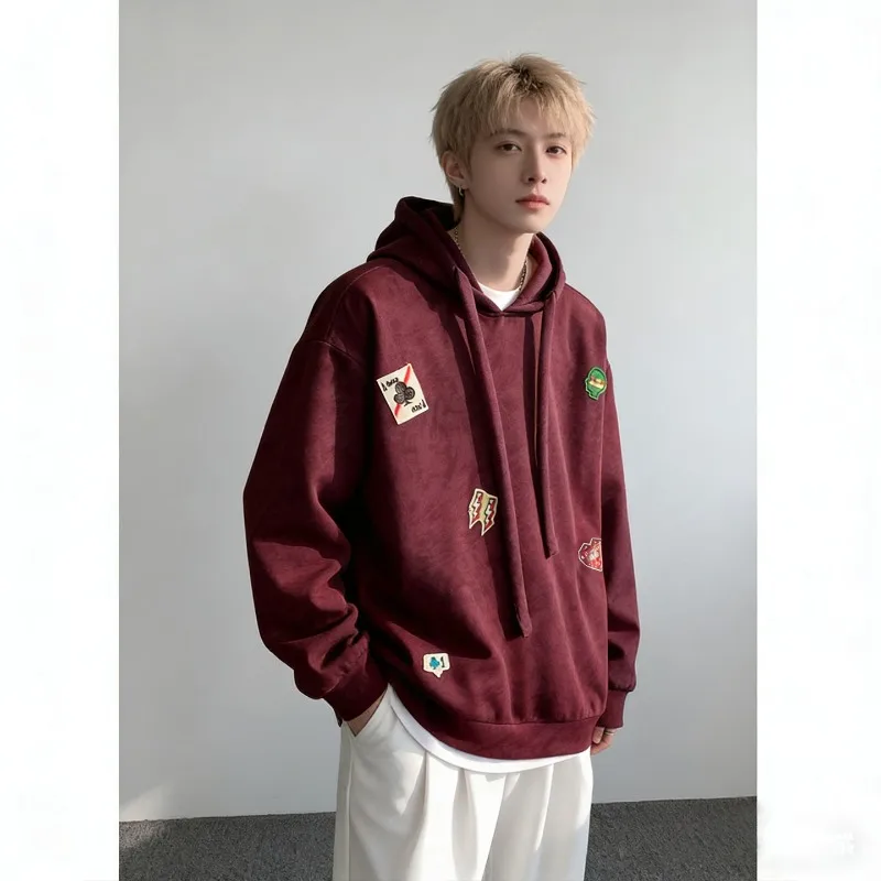 Men's Oversized Tie Dye Gradient Hoodie Cartoon Embroidered Patches Relaxed Drop Shoulder Streetwear Hooded Sweatshirt