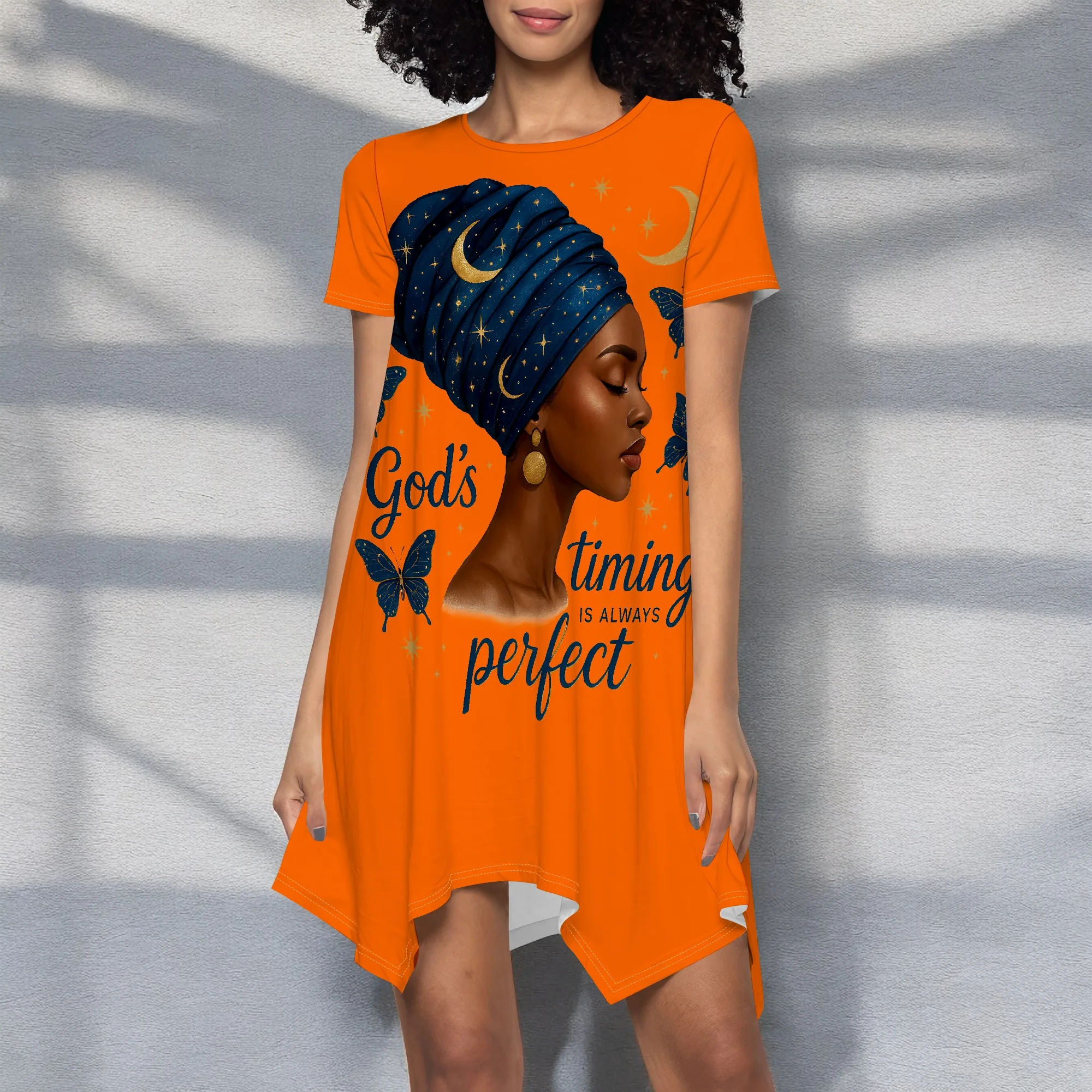 

Faith Graphic Dress S-3XL Asymmetrical Hem Short Sleeve Loose Style for Easter, Church Service or Spiritual Empowerment Look