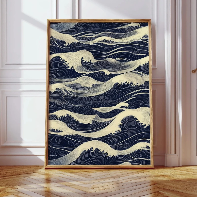Japoński wzór fal na płótnie, minimalistyczna grafika oceaniczna w kolorach granatowych i kremowych, estetyka drewnianych wydruków, dekoracja domu.