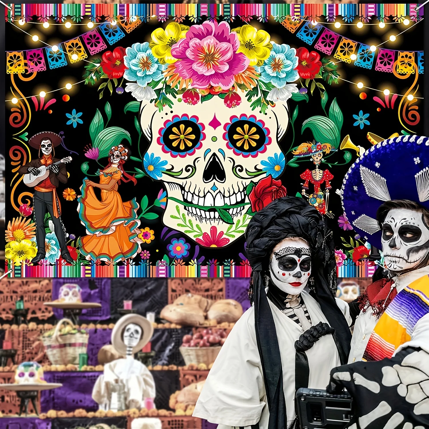 Hintergrundwand für mexikanische Festivals, Polyester, Foto-Display-Standdekoration, geeignet für die Day of the Dead-Dekoration