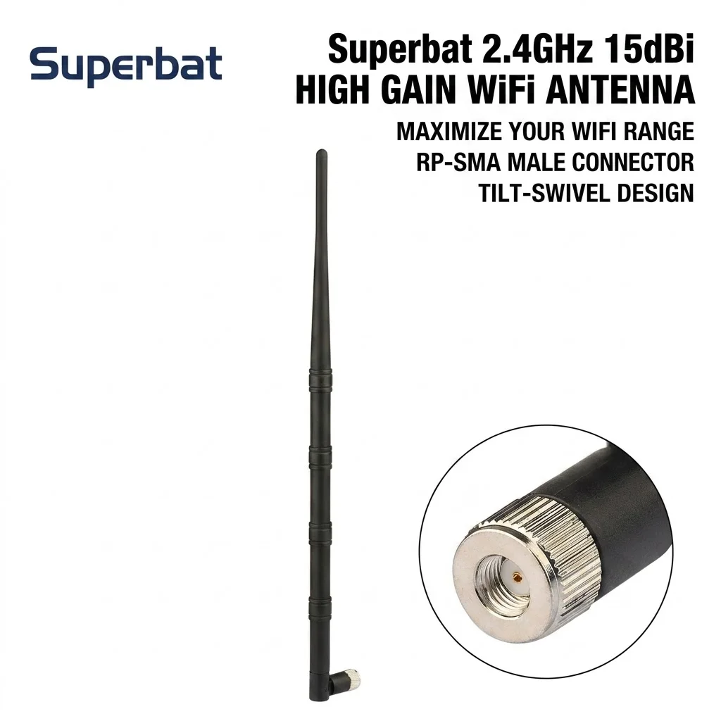 Superbat 2.4GHz 15dbi WiFi Router Tilt-Swivel Wireless LWU Antenna RP-SMA Male(Female pin) Connector