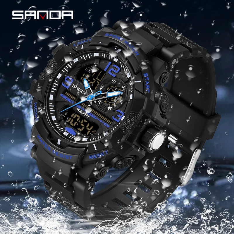 SANDA Military Outdoor Sport Men's Electronic Watch Waterproof LED Analog Digital Double Display Quartz Chronograph Wristwatch