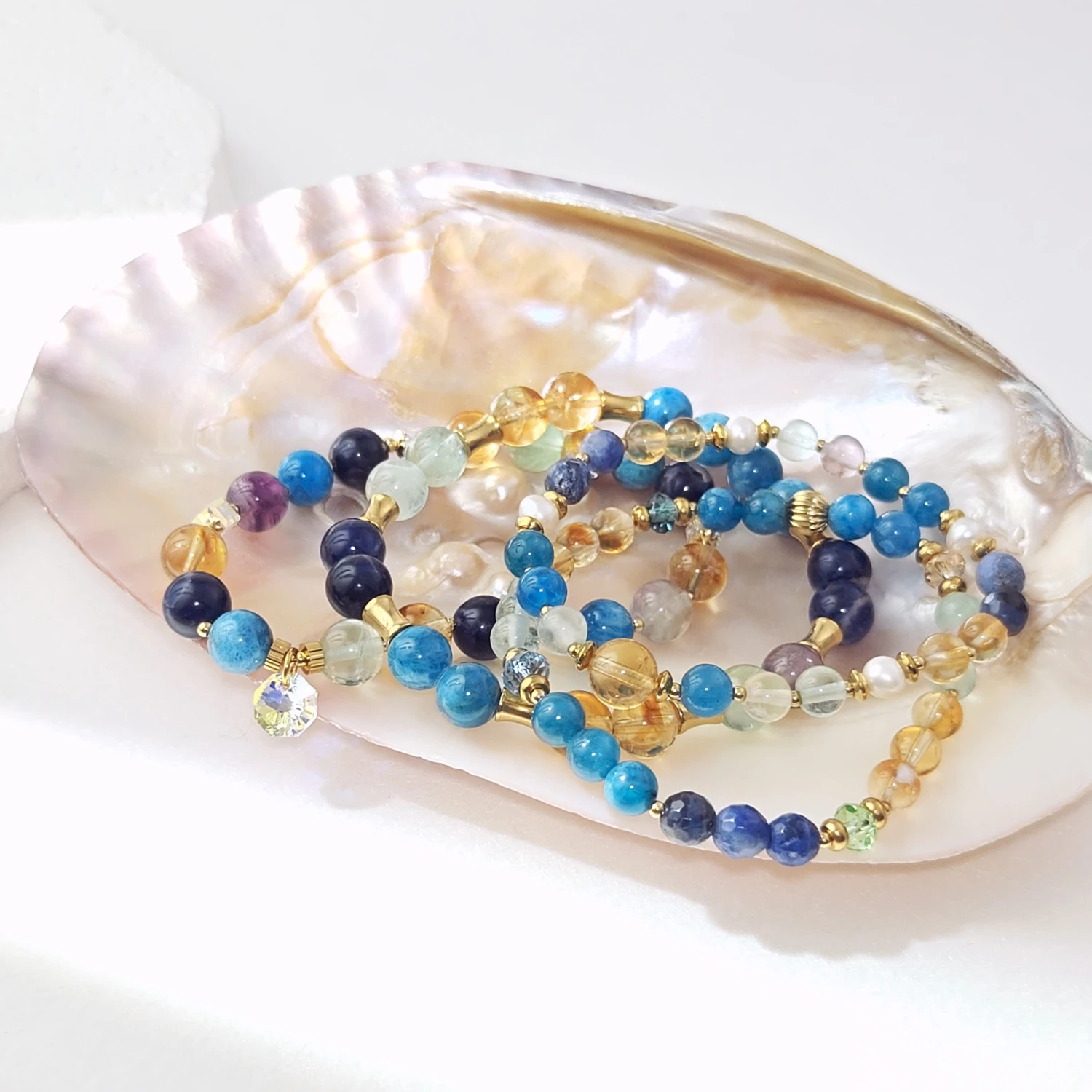 

Lii Ji натуральный камень цитрин содалит флюорит апатит 6/8 мм с кристаллом из нержавеющей стали эластичный браслет с позолотой 14 карат