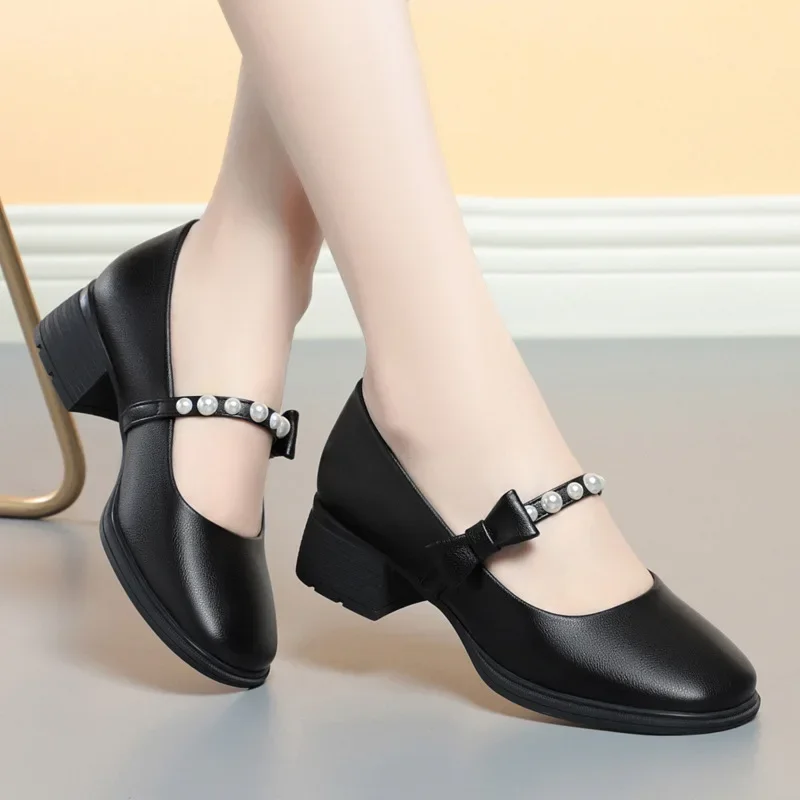 4cm Breathable Shallow Pearl Bow Sweet Mary Janes Women Pumps Spring 2024 Med Square Heels Shoes Leather for Office Mom Girls