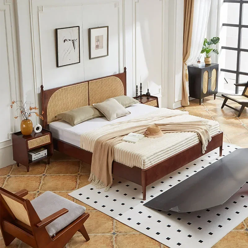 Wabi Sandy Wind Solid Wood Bed Rattan Head 1.5m Double Bed 1.8m Homestay Hotel Home Bedroom Single Bed
