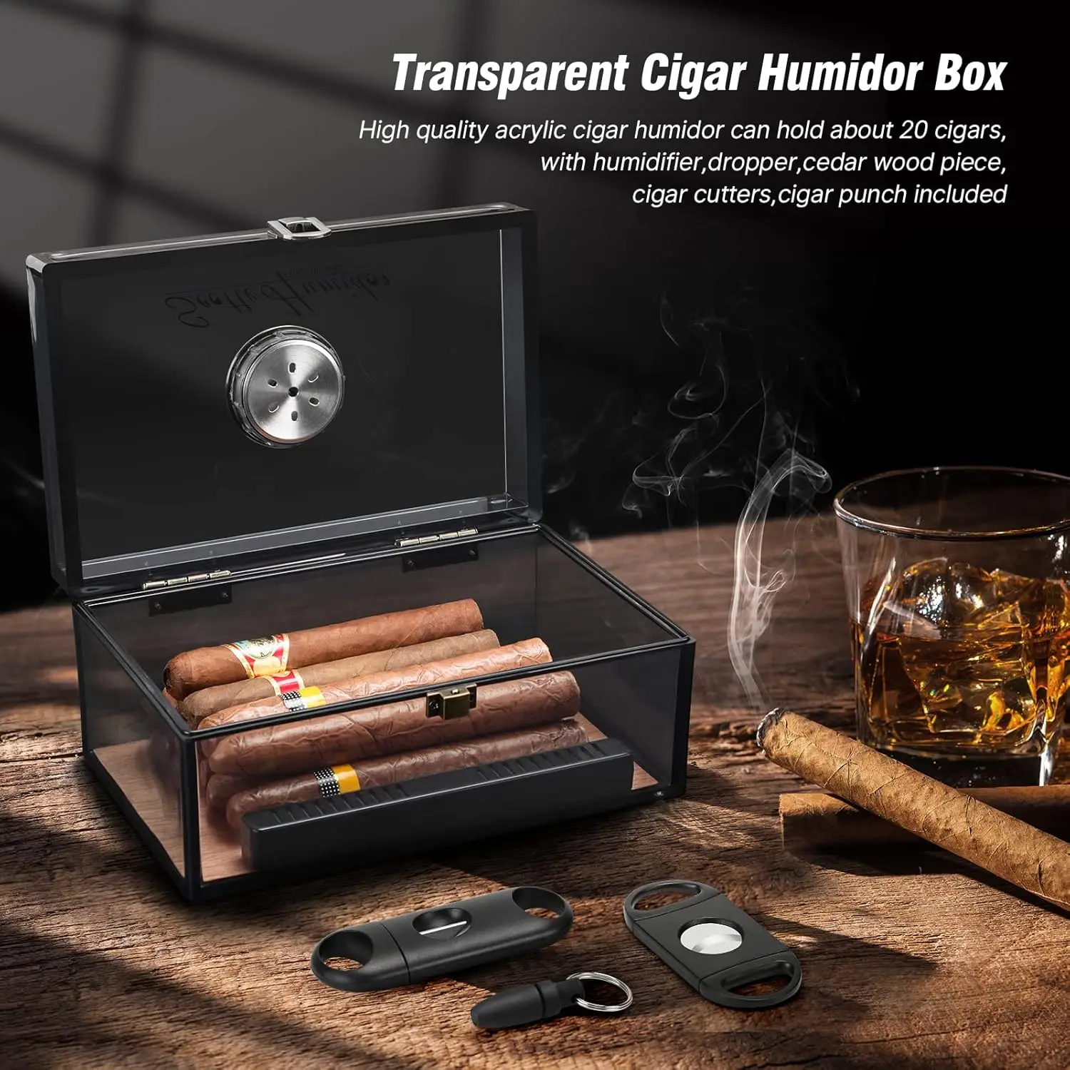 Acrylic Humidor - Cigar Box With Hygrometer, Humidifier & Accessories, Holds 20 Cigars image 5