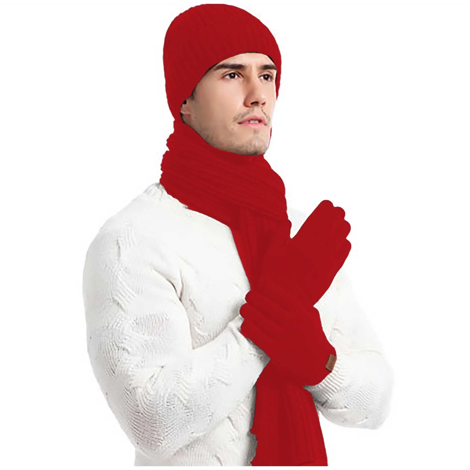 

Men's Winter Keep Warm Set Fleece Lining Beanie Telefingers Gloves Thicken Scarf Knit Muffler Unisex Hat Solid Color Neckerchief