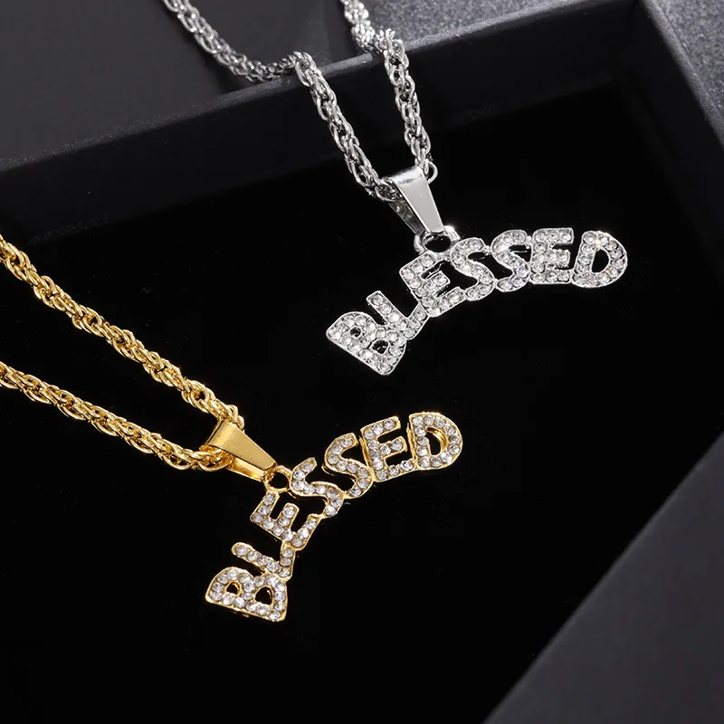 Fashion Hip Hop Rock Rapper Blessing Letter Pendant Necklace Men Punk Trend Street Cool Jewelry