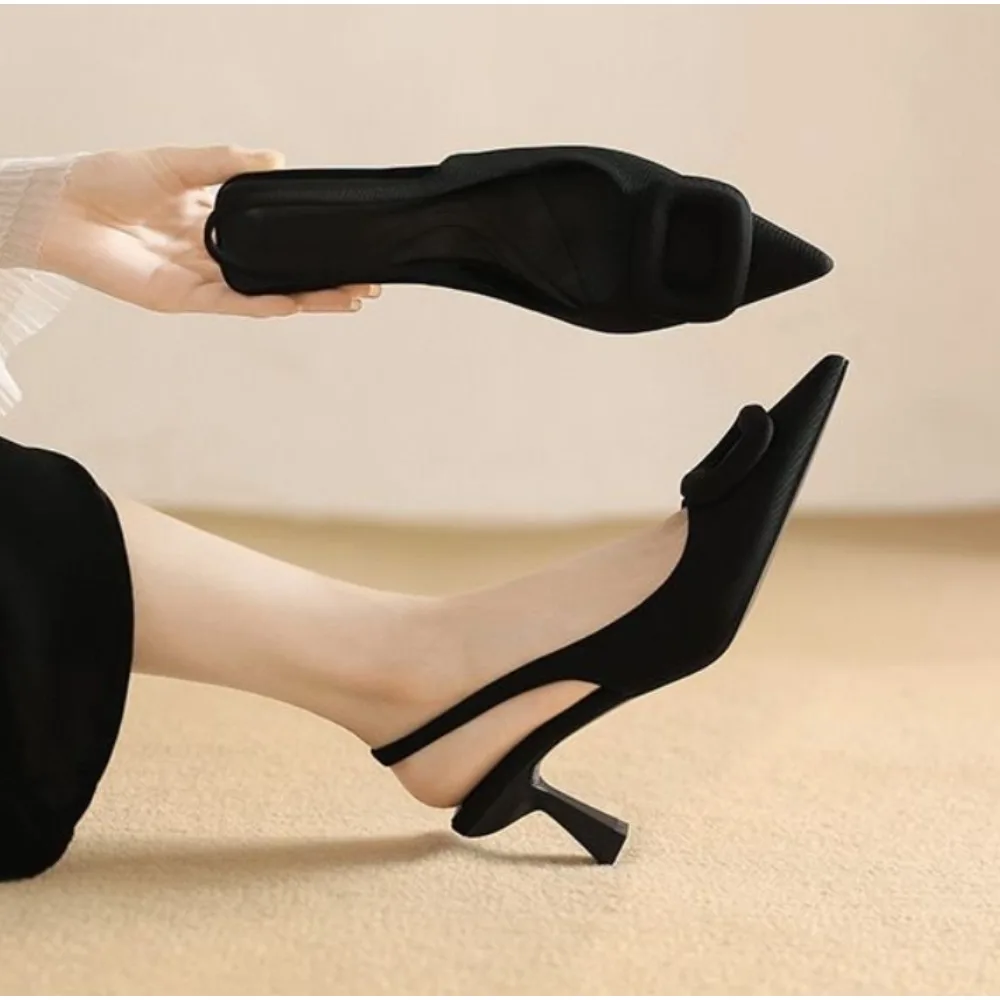 Brand Woman Slingback Shoes Fashion Spring New Ladies High Heels Elegant Med Heel Pointed Toe Slip on Sandal Mules