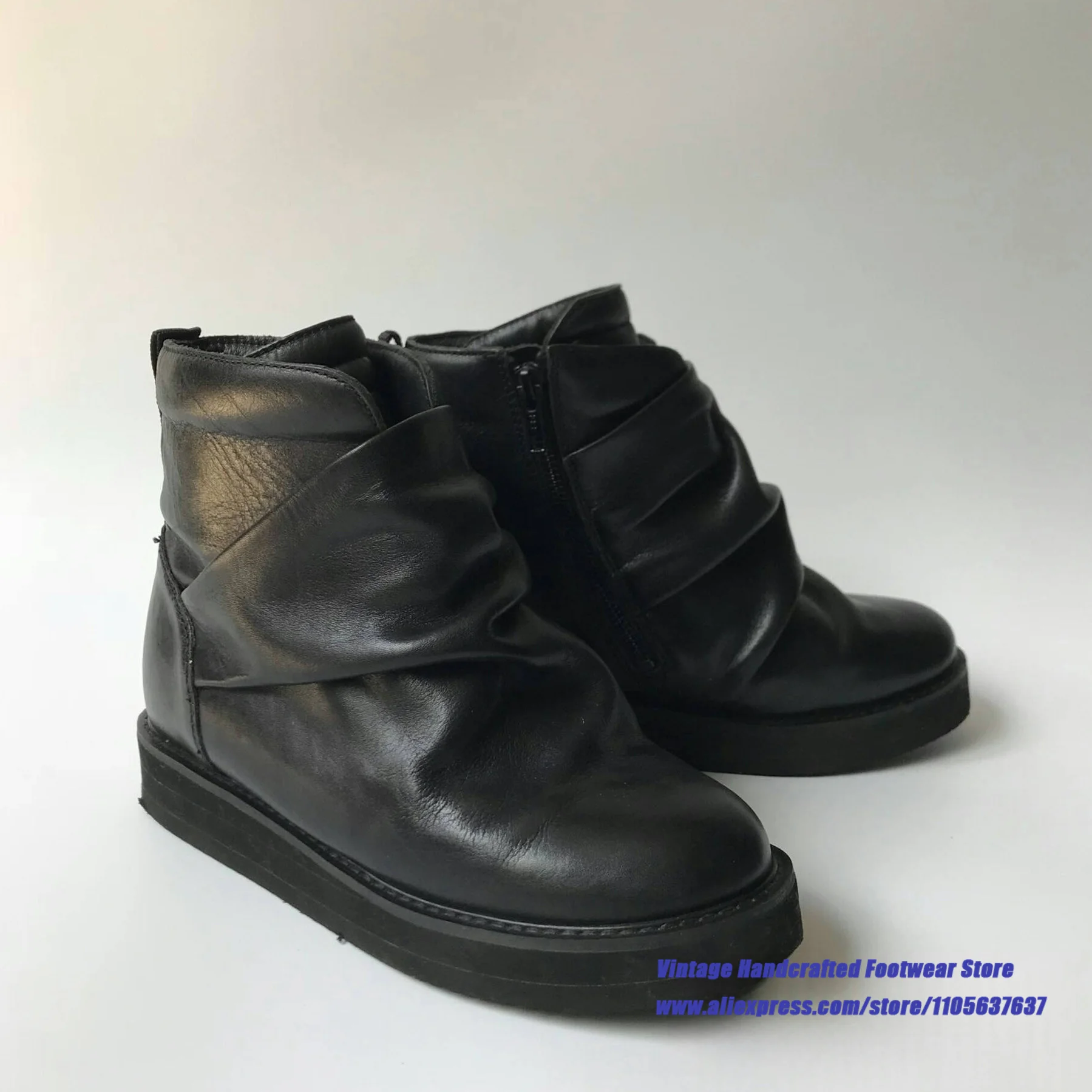 Black Wrinkled Soft Leather Zip Ankle Boots Vintage Wrinkled Upper Round Toe Low Block Heel Casual Handcrafted Men's Booties ﻿