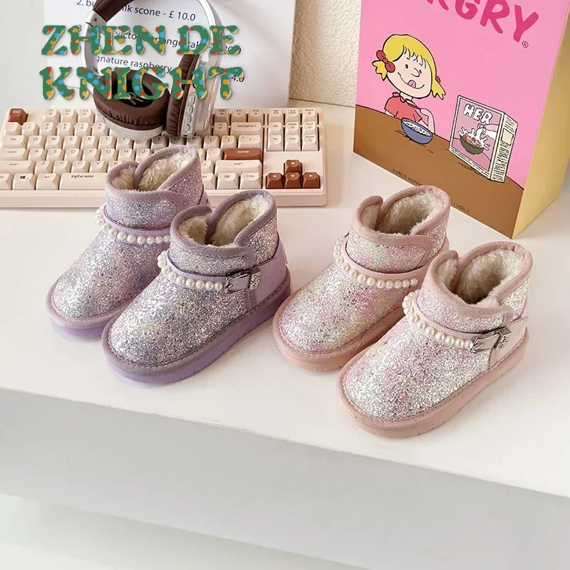 2024 New Children Shoes Waterproof Winter Cotton Inserts Snow Boots Shiny Upper Soft Sole Girl Sneakers Зимние Ботинки Детские