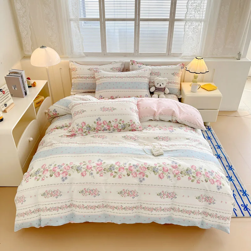 1pc Pink Floral Style Duvet Cover 100% Cotton Comforter Cover Adults Kids Quilt Cover Soft Bedding funda nordica (No Pillowcase)