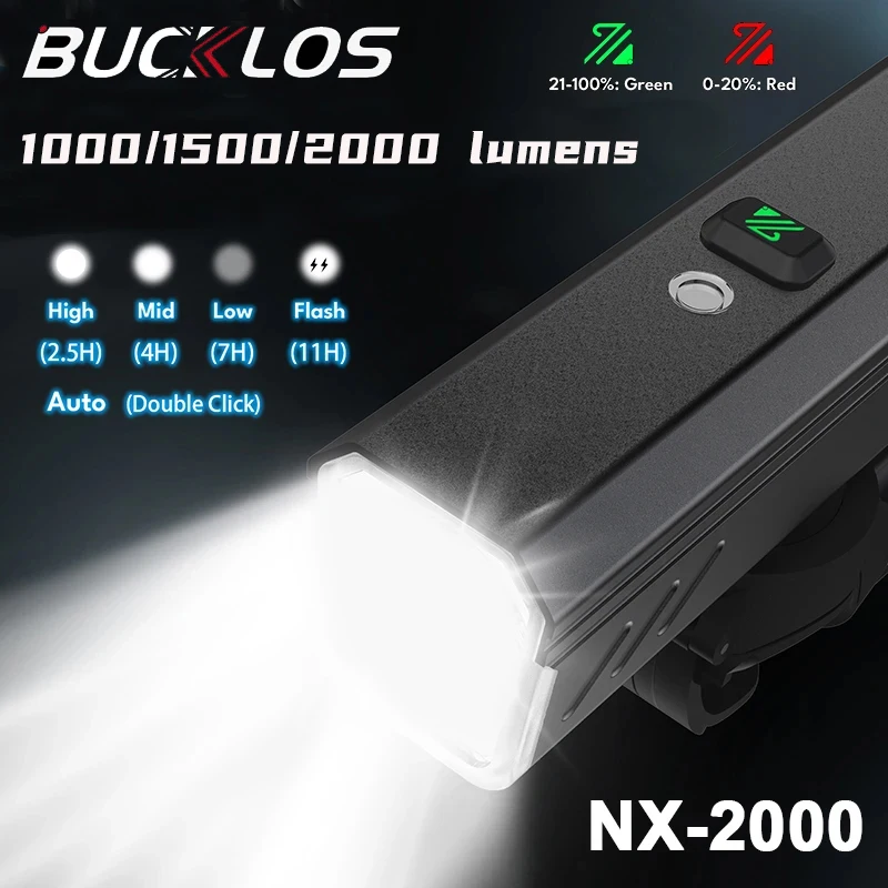 مصباح أمامي للدراجة من Bucklos، مستشعر ذكي فائق السطوع، ضوء أمامي مقاوم للماء ليلاً لركوب الدراجات، مصباح أمامي من النوع C قابل لإعادة الشحن