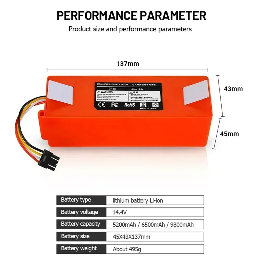 2024-Replacement Battery for Xiaomi Roborock, Robotic Vacuum Cleaner, S55, S60, S65, S50, S51, S5 MAX, S6 Parts, 14.4V, 12800mAh