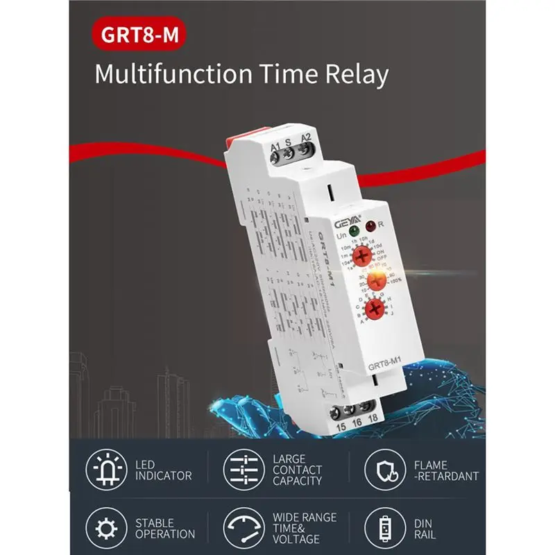 2X GEYA GRT8-M 16A مرحل مؤقت متعدد الوظائف على إيقاف التشغيل، مرحل تأخير قابل للتعديل مع 10 خيارات وظائف، GRT8-M1 AC230V-[A04I]