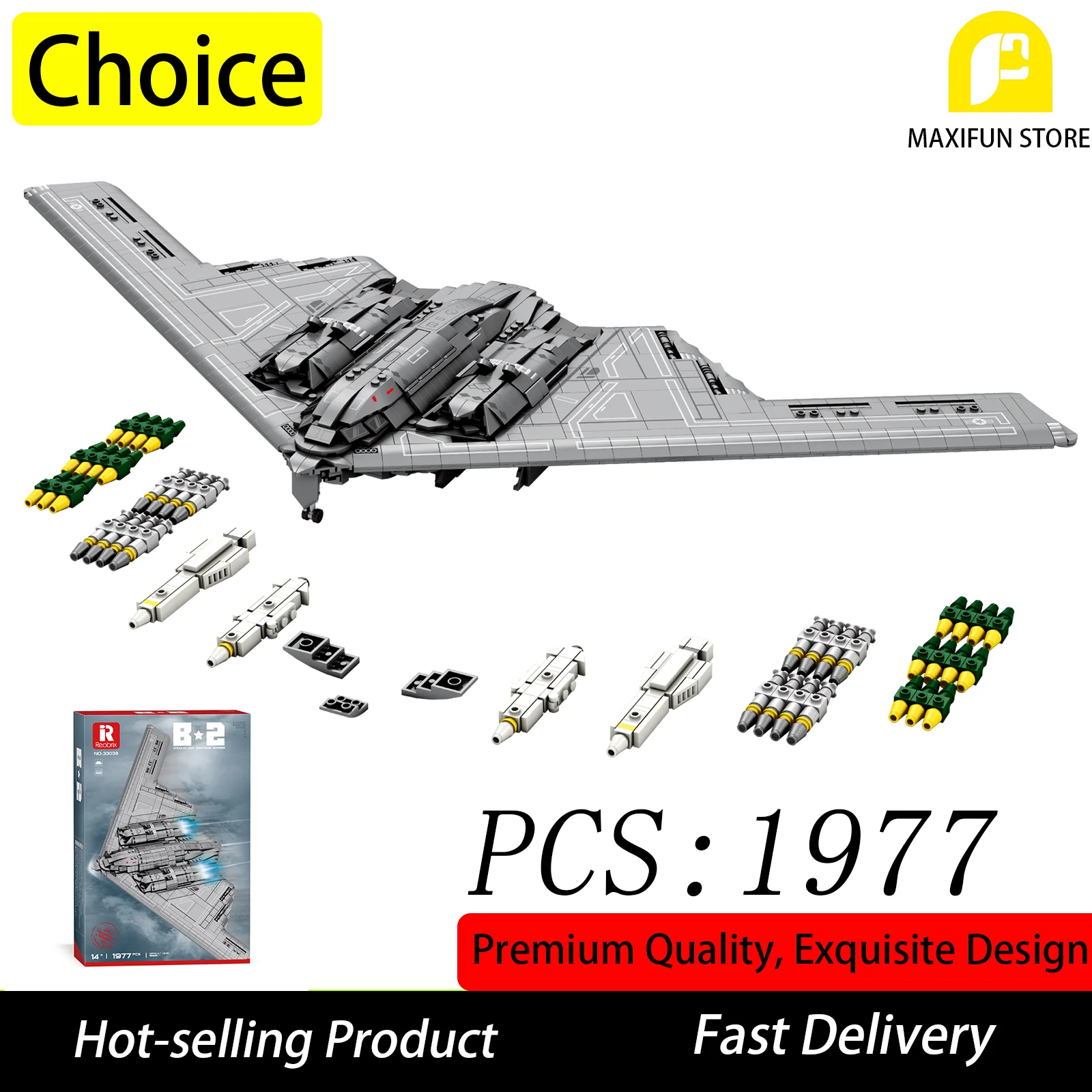 

MOC 1977PCS B-2 Stealth Bomber Airplane Building Blocks Military Series Model Kit Collectible DIY Desktop Display Gift for Kid