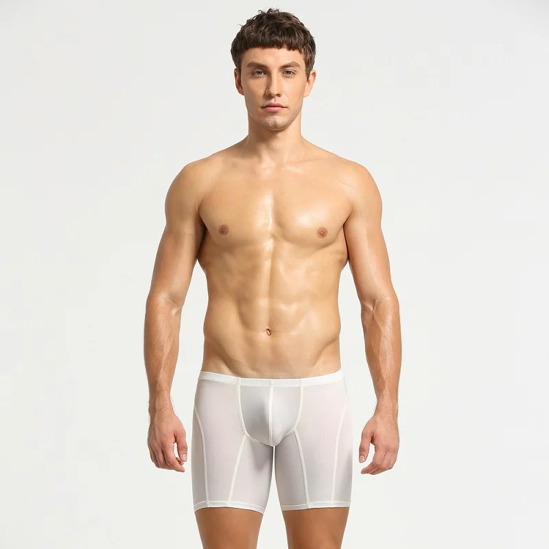 Herren-Unterwäsche mit flachem Bund, lange Ausführung mit niedriger Taille, kühle Eisseide, halbtransparent, hohe Elastizität, einfarbig, dünn.