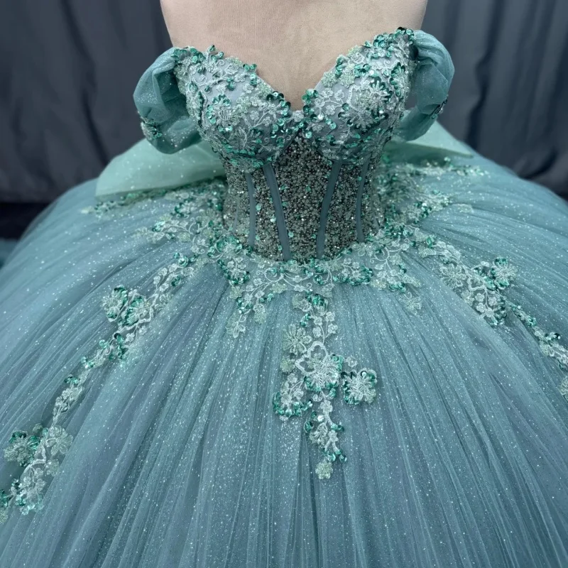 

Shiny Olive Green Quinceanera Dress Crystal Glitter Decal layering Flower Long tail Bow Vestidos De 15 Quinceanera ﻿Customize