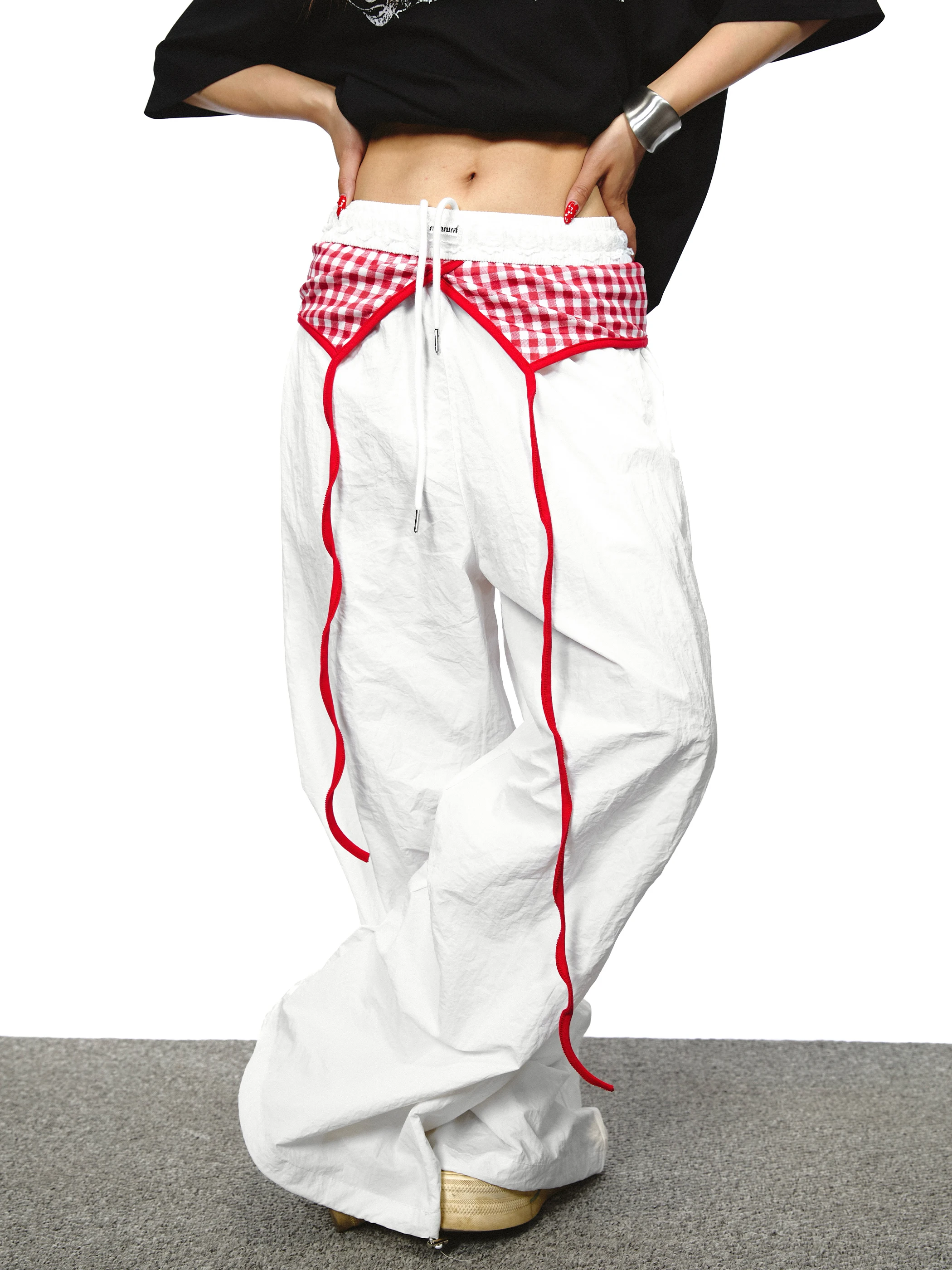 Blackbb Color Block Folded Hem Wide Leg Pants Women Summer Loose Floor Length Casual Trousers Creative Design Street Style