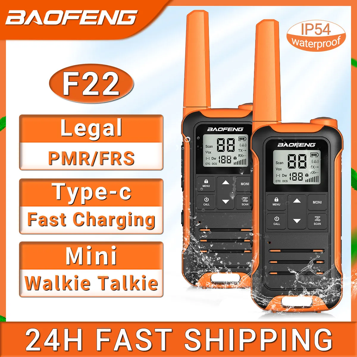 Baofeng-F22 Mini walkie talkie, PMR, FRS, portátil, display LCD, rádio bidirecional, suporte tipo-c carregador para caça, camping, viagem, 2pcs