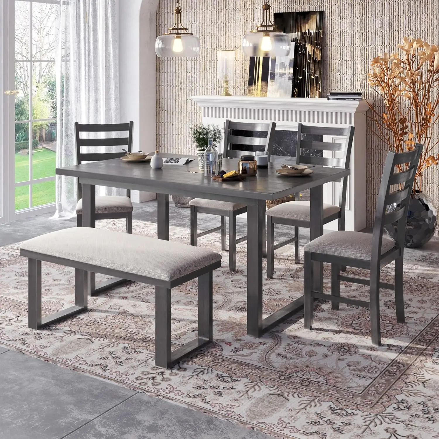 

Upholstered Chair Set for Home, Kitchen, Dining Room,4 Chairs, Bench Seat, Rubberwood Legs(Gray)