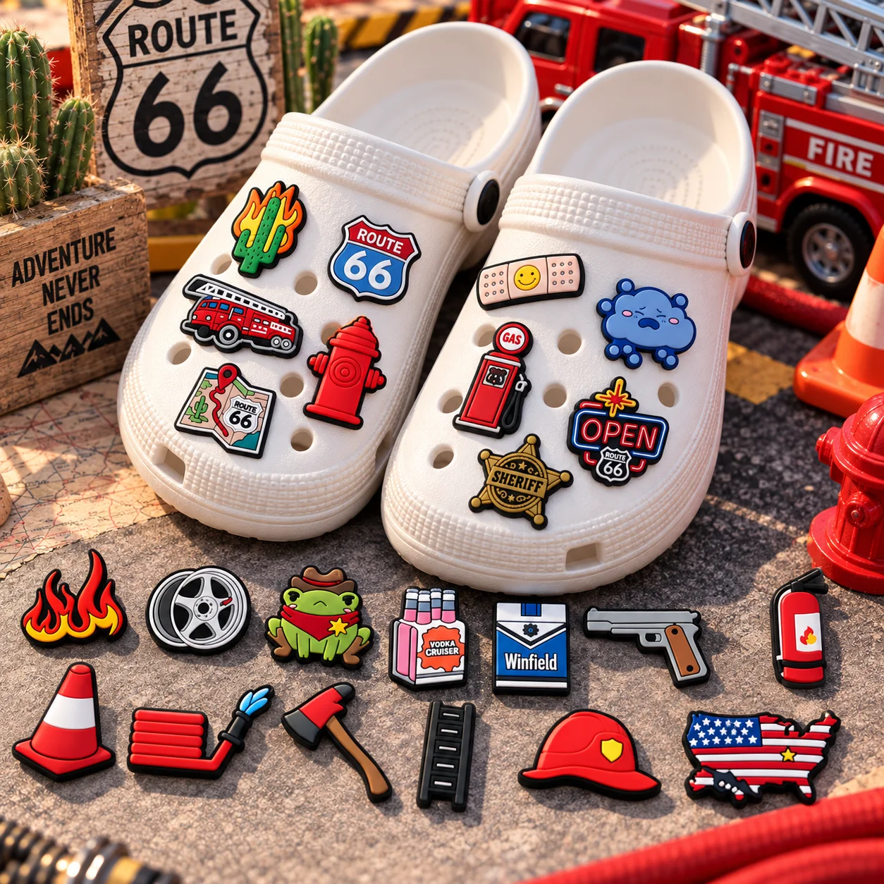 1/25PCS Route 66 Firefighter Shoe Charms Set Cactus Sheriff PVC Pins for Clogs Road Trip Accessories Gift for Men Teens Gifts