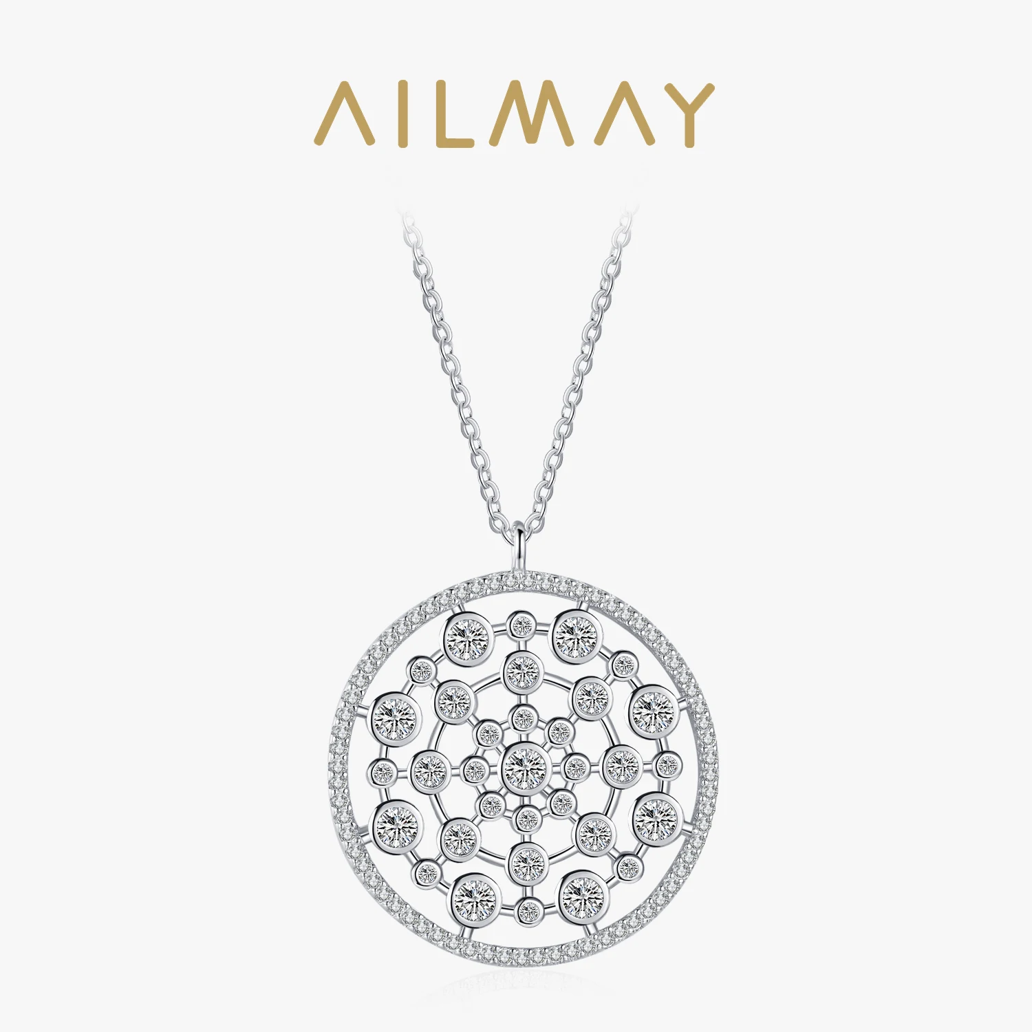 Ailmay Real 925 Sterling Silver Luxury Round Bubble Dazzling CZ Dangle Pendant Necklace For Women Wedding Fine Female Jewelry