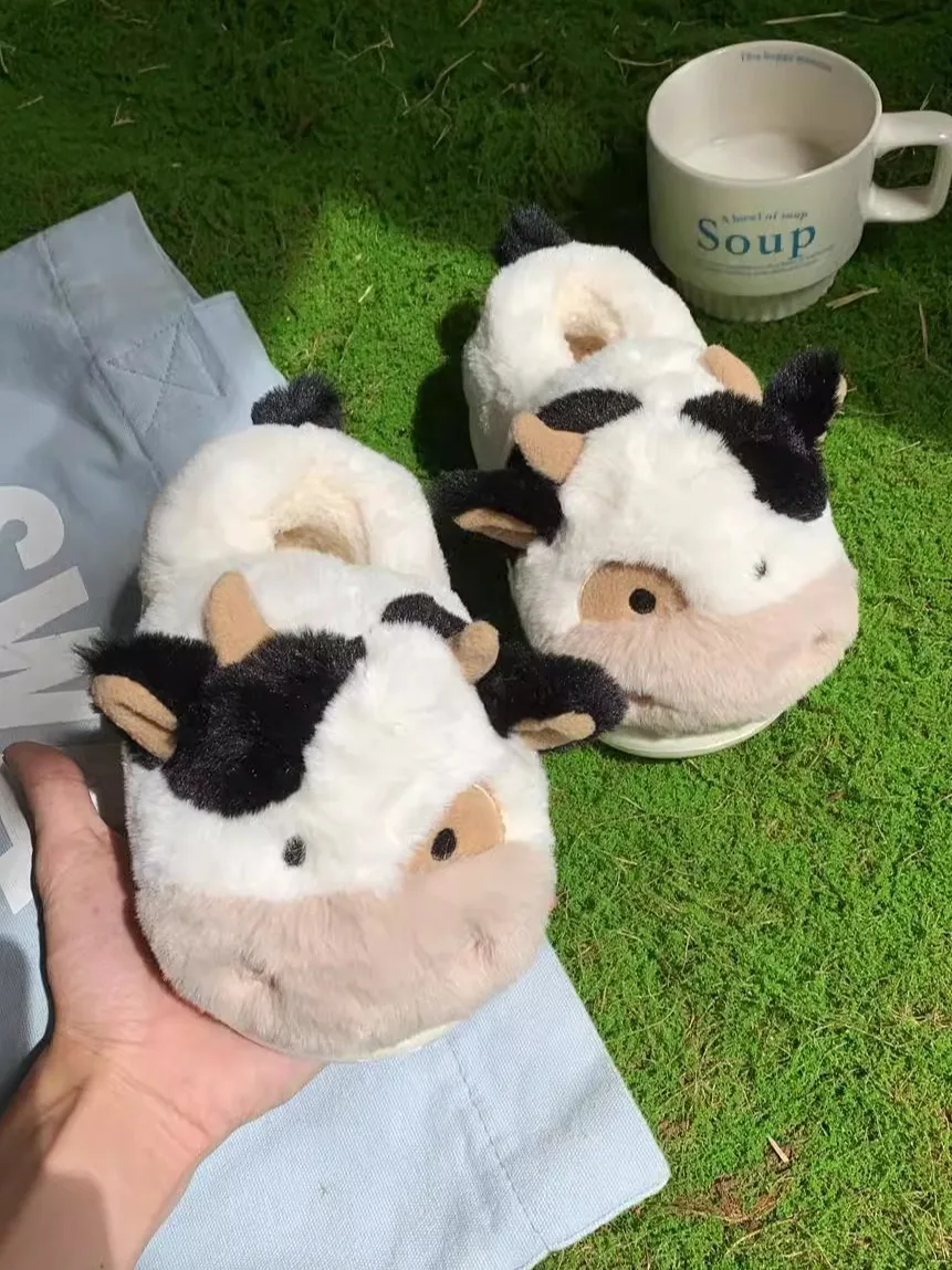 Cute Little Cow And Family Home Slippers 2024 Winter Warm Plush Parent-child Bag Indoor Household Cotton Shoes For Men And Women