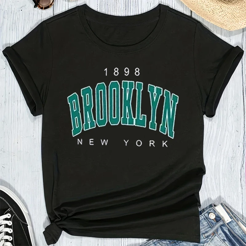 أزياء المرأة تي شيرت New1898 بروكلين يورك إلكتروني قطرة الكتف طباعة خمر تي شيرت المتضخم ملابس بسيطة الإناث Y2K أعلى