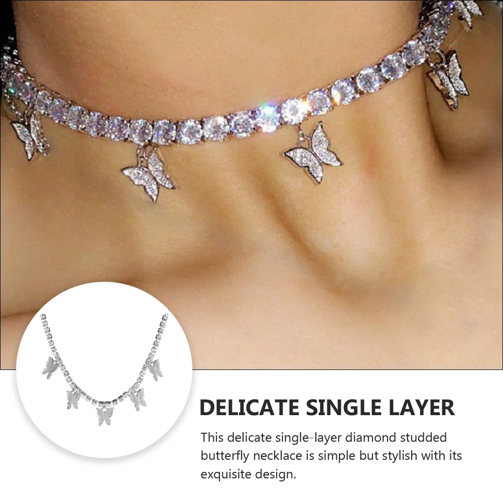 الماس فراشة قلادة الفتيات حجر الراين سلسلة ديكور بسيط طبقة واحدة سيدة المختنق الرقبة مجوهرات سبيكة المتانة أنيق