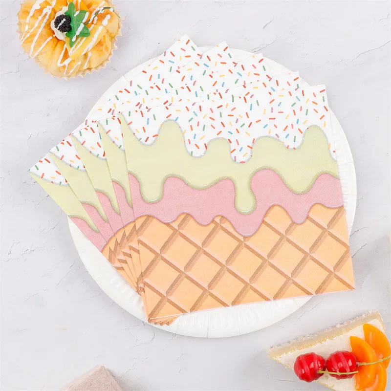 Servietten mit Eiscreme-Aufdruck, Einweg-Partyzubehör, Geburtstagsparty-Dekoration, bunte Papiertücher, Tischware, Partygeschenke
