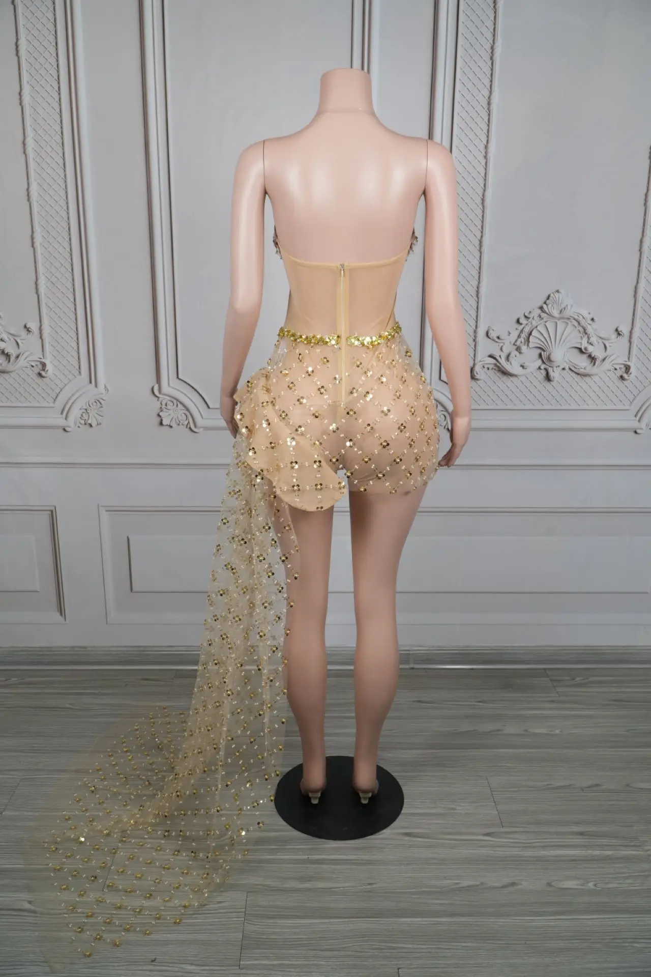 Shine Gold Sequins Slip Bodysuit Long Sheer Mesh Tail Women Sexy Event Party Celebrate Birthday Bodysuit Photoshoot Wear Jinlin