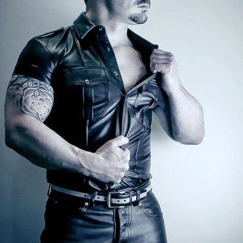 Wetlook Black Leather Shirts for Men Policeman Costumes PU Leather Male COP Uniform Sexy Tops