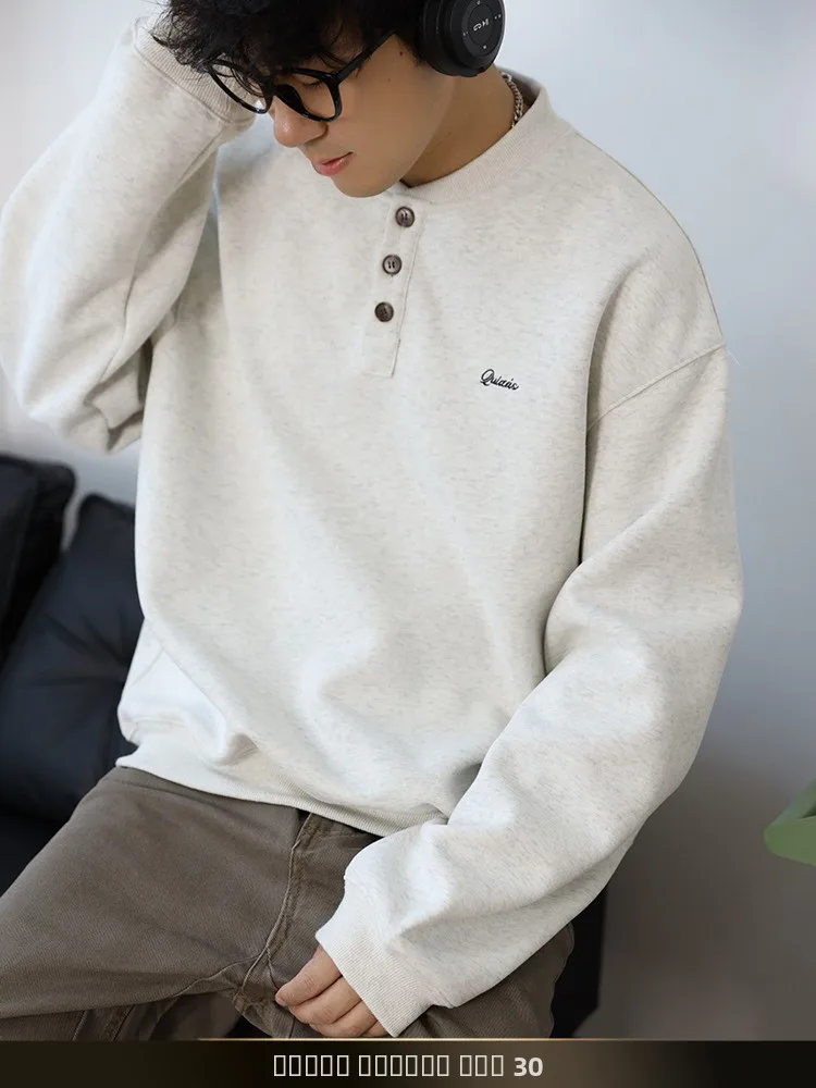 

Nted American Retro Basic Sle Henry Collar Hoodie Loose Casual Long Sve Top for Autumn And Winter Youth Faion Cotton P...