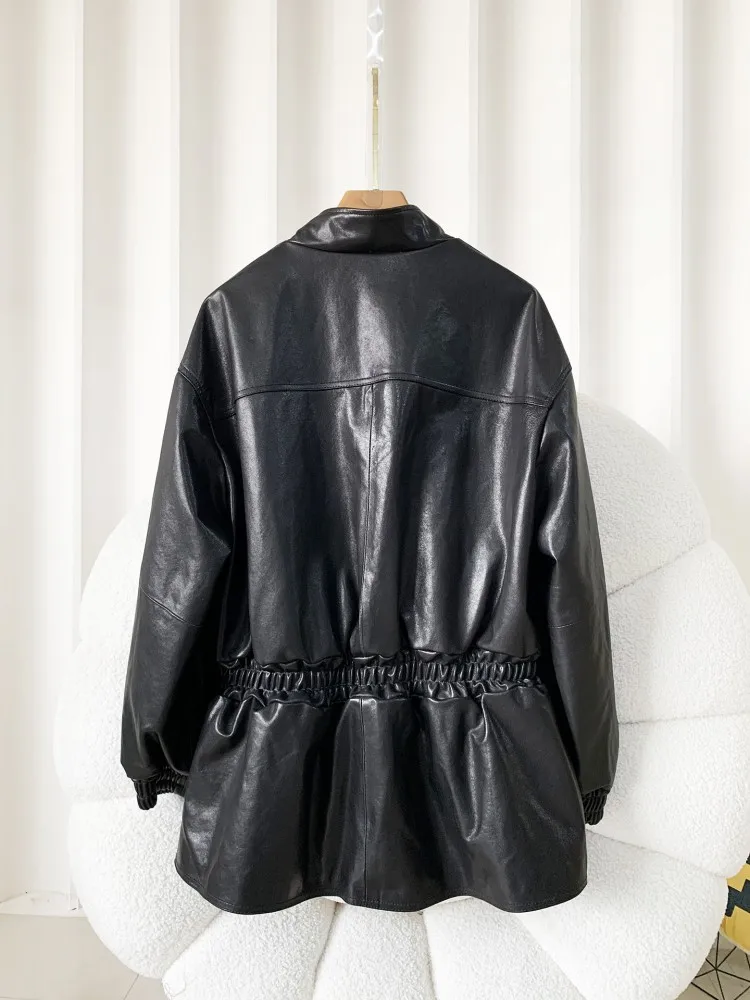 Designer Women Sheepskin Genuine Leather Zipper Loose Fit O Neck Mid Long Jacket Windbreaker Trench Coat Lady Fashion Outerwear