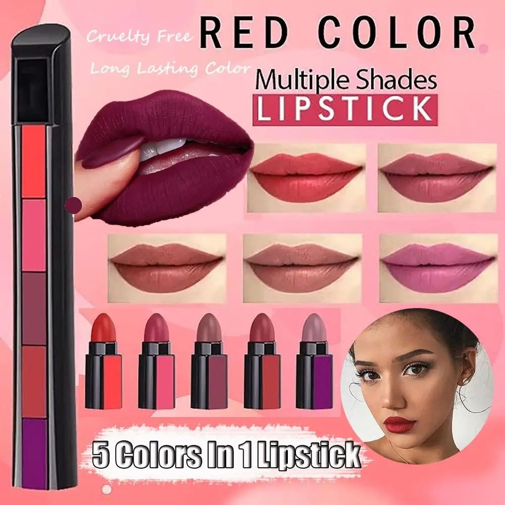 Lasting Daily Cosmetic Tool Women Red Party Makeup Gift Velvet Lip Stick 5 in 1 Matte Lipstick Set Matte Lip Tint Lip Gloss