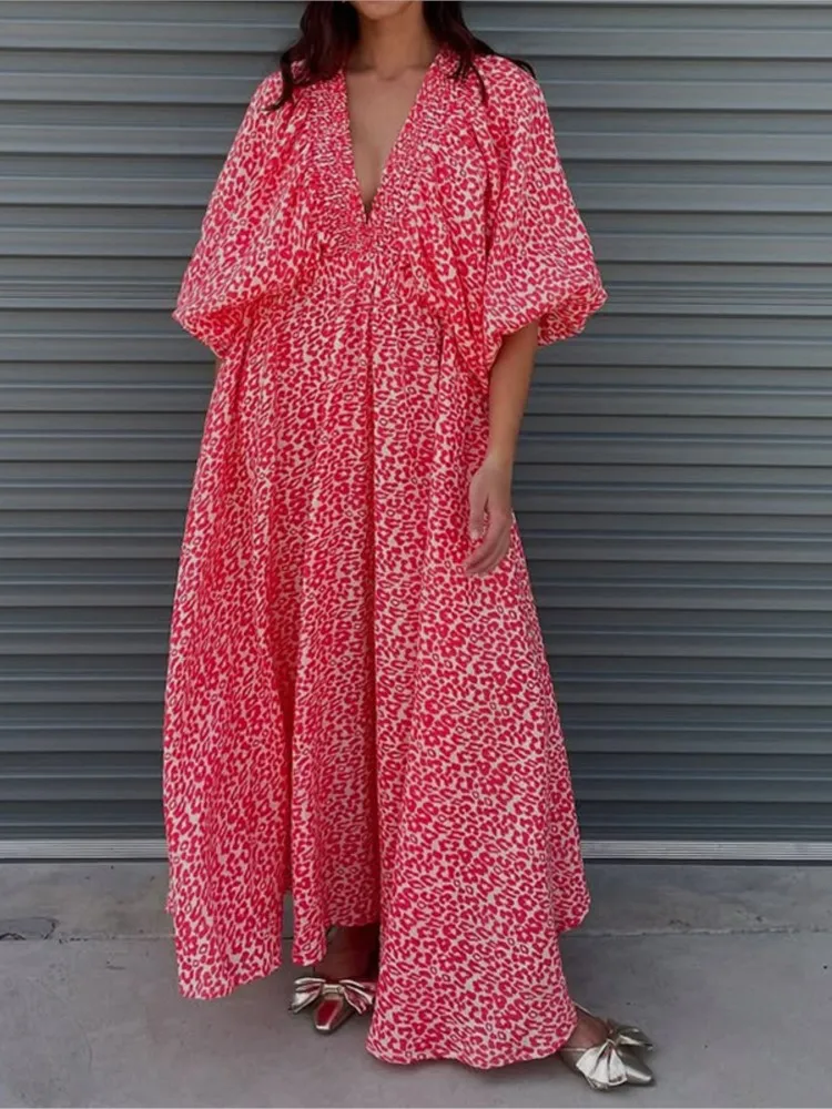 

Fashionable Floral Long Skirt With A Large Display Summer Style Sexy V-neck Women's Loose Fitting Mid Sleeved High Waisted Dress