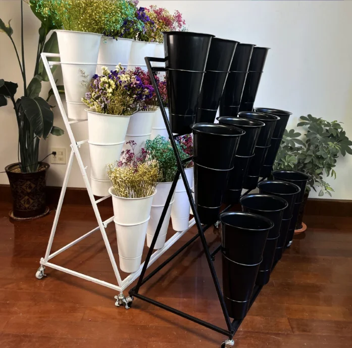 Modern Customized Multi-Level Metal Flower Display Rack Shelf Single-Sided Movable Flower Bucket Stand for Flower Shop Usepromot