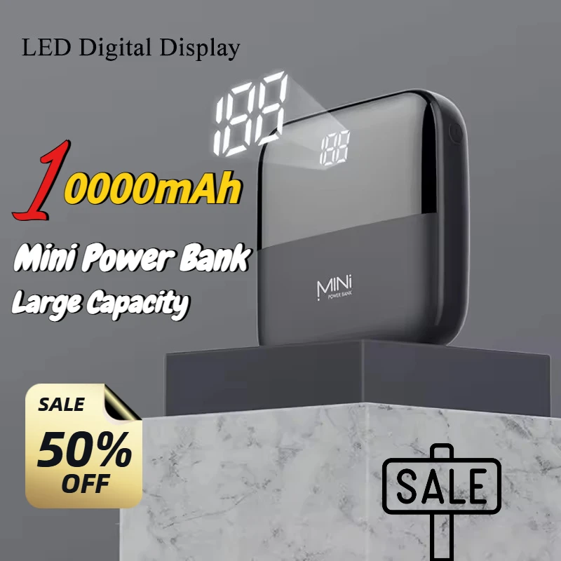 

Мини-Power Bank 10000 мАч, портативное зарядное устройство с двумя выходами USB, внешний аккумулятор Powerbank для IPhone 14 13 Xiaomi Samsung Huawei