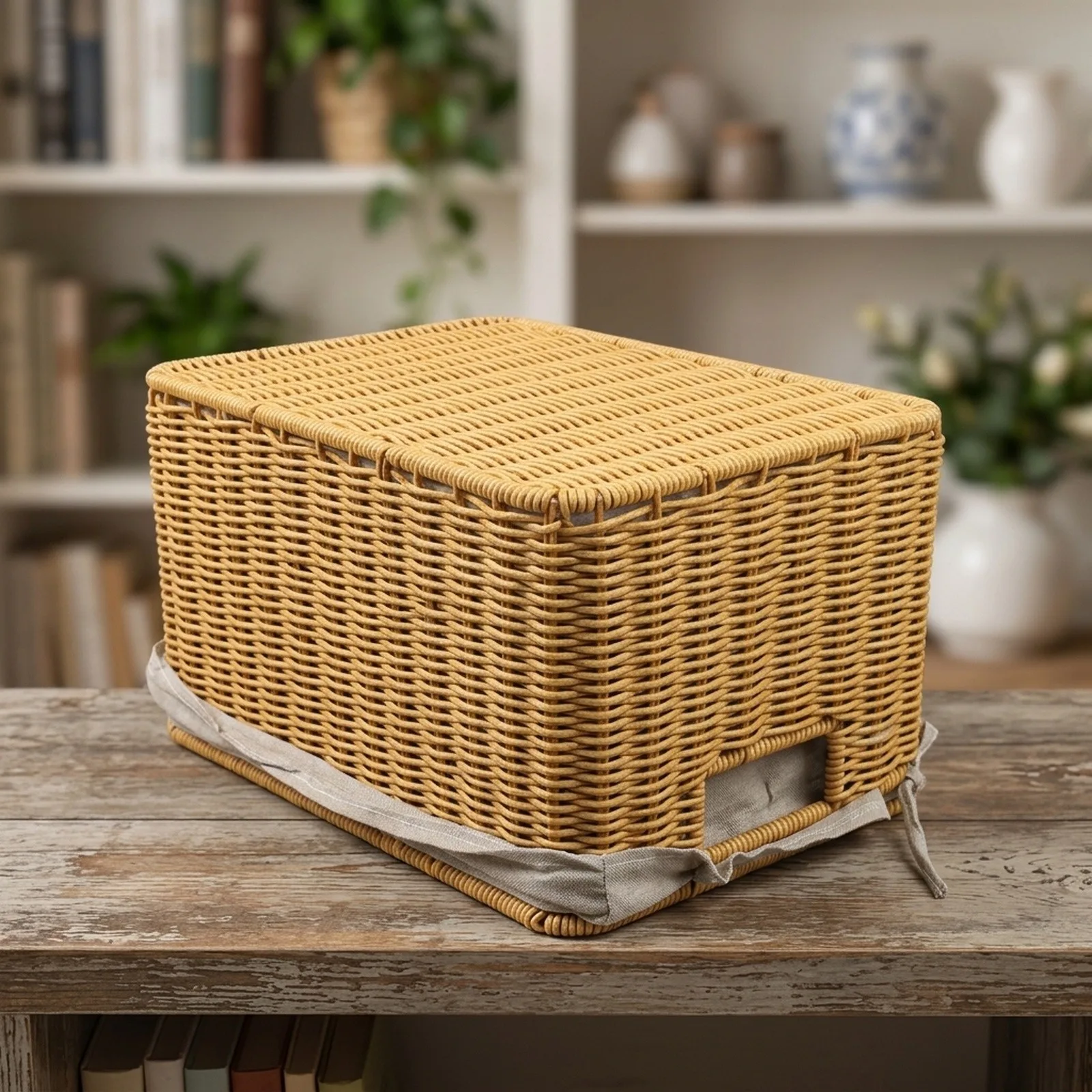 Handcrafted storage basket with lid made of imitation rattan weaving for home organization of books toys and clothing