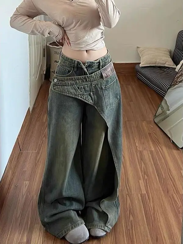 

Retro Design Distressed Denim Jeans Asymmetric Splicing Washed out Ladies Loose Fit Natural Waist Button Cotton Polyester Blend