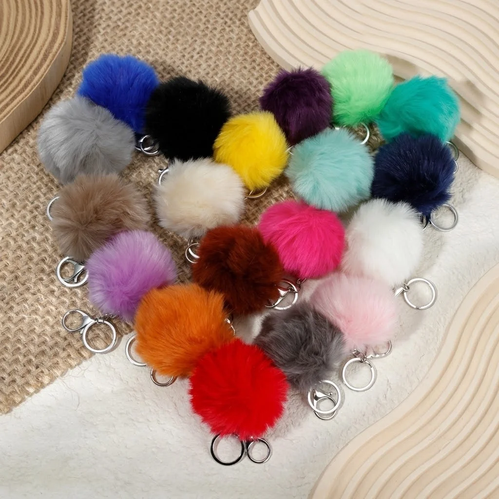 1 Stück Flauschiger Fell-Haarball-Schlüsselanhänger, weicher Kunstfell-Kaninchenball, Auto-Schlüsselring, Pompon-Schlüsselanhänger, Schlüsselhalter, Damen-Taschenanhänger, Schmuck – Detail 2