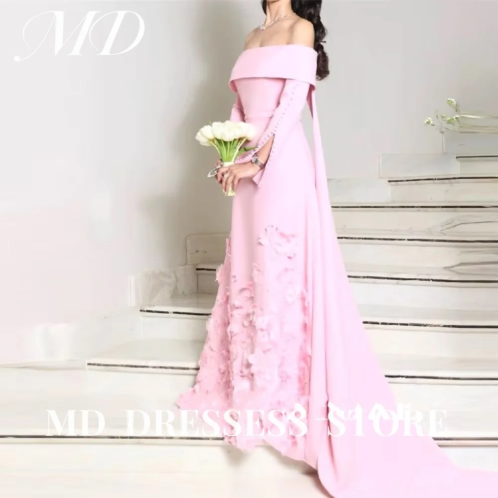 

MD Elegant Pink Formal Evening Dresses Off Shoulder Long Sleeves 3D Flowers Dubai Arabic Women Sweep Train Prom Gowns Customized