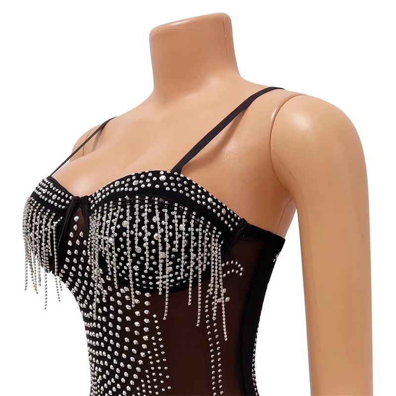 Sparkly คริสตัลเพชรชุดวันเกิดผู้หญิง Party Night ตาข่าย Sheer สปาเก็ตตี้พู่คริสต์มาสพรหม Bodycon Club Dresses