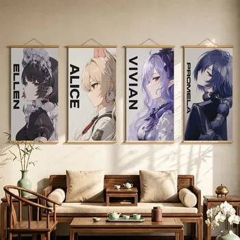 Zenless Zone Zero Hanging Scroll with Anime Character Portraits and Bold Vertical Name Lettering for a Home Gaming Room