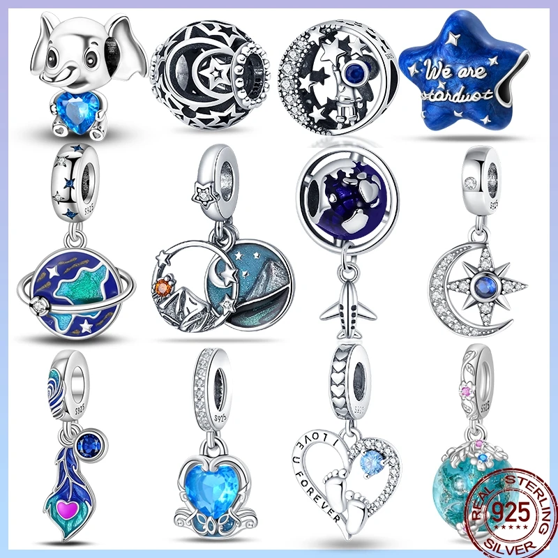 

925 Sterling Silver Blue Mountains Airplane Stars Moon Blessing Charm Beads Suitable For Pandora 925 Original Bracelet Diy